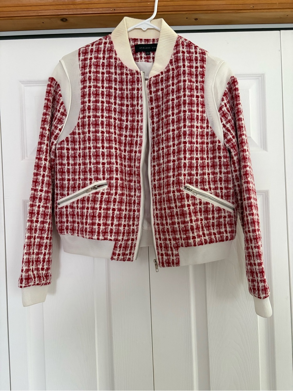 Endless Rose Red Tweed Bomber Jacket with Cream Trim